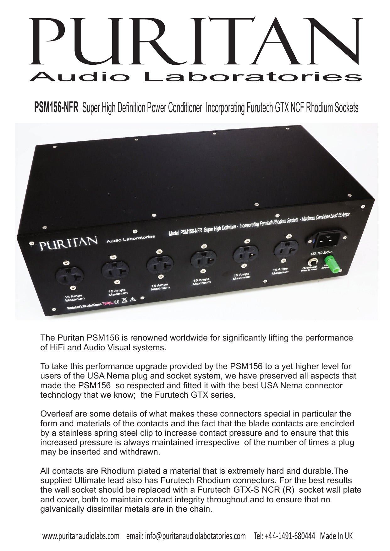 Puritan Audio PSM156-NFR Furutech NCF Edition Power Conditioner NEW ARRIVAL